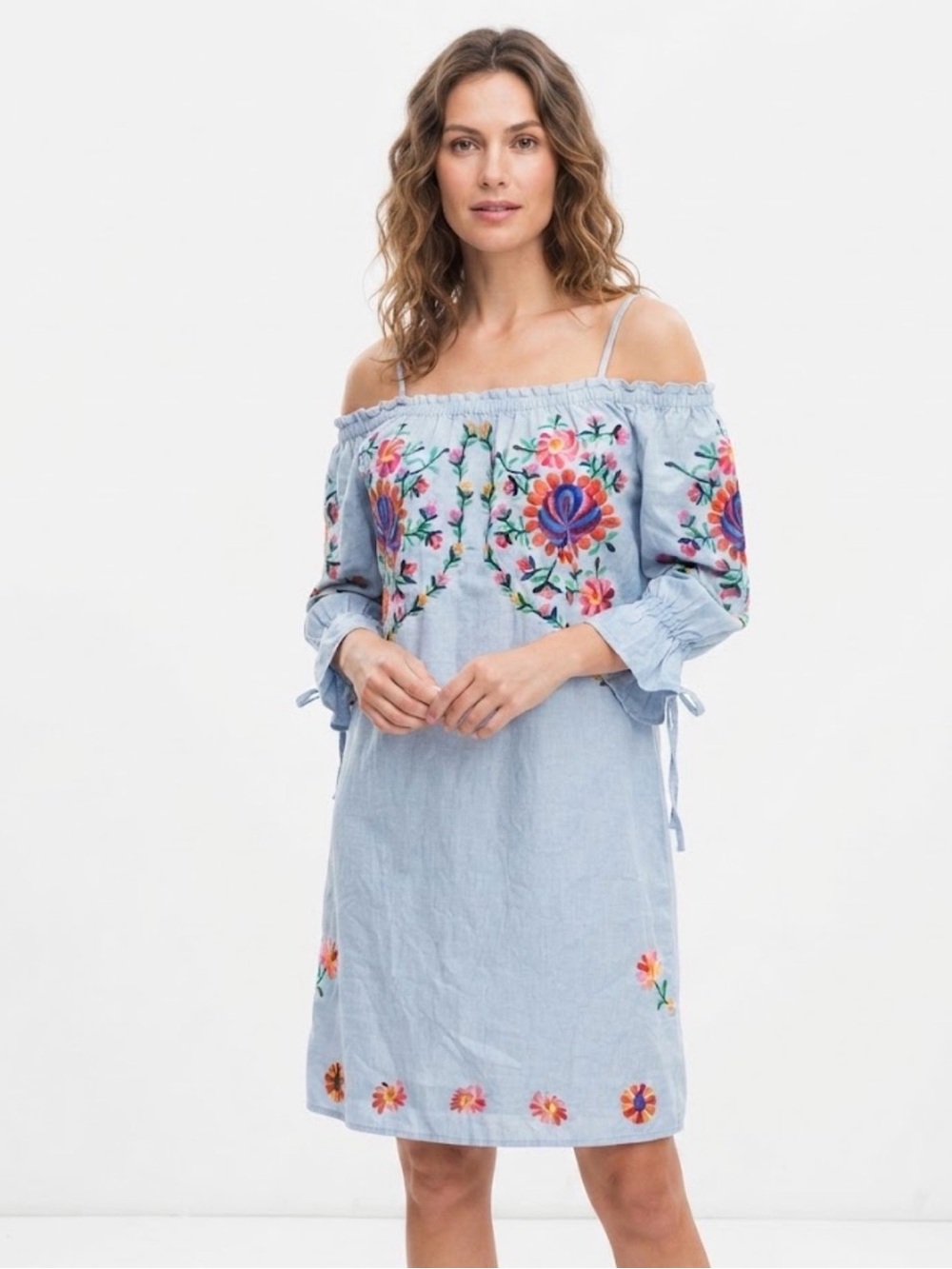 Zara Light Blue Off-Shoulder Floral Embroidered Dress